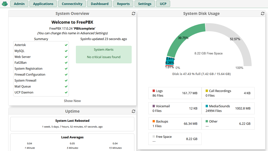 FreePBX 17 dashboard